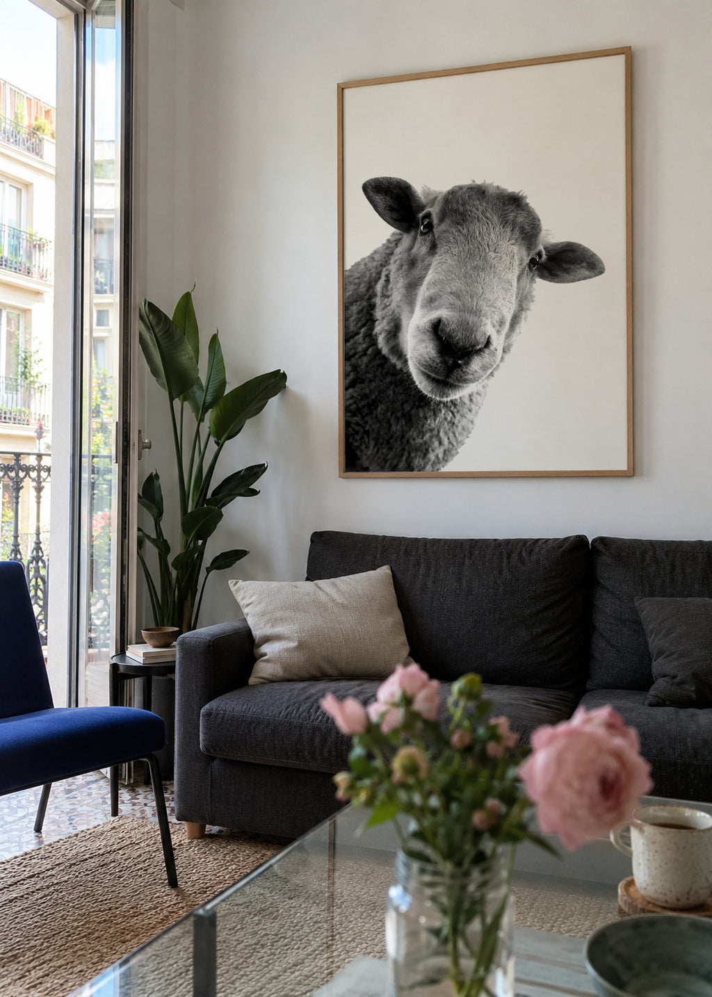 Curious sheep - Framed poster in an interior