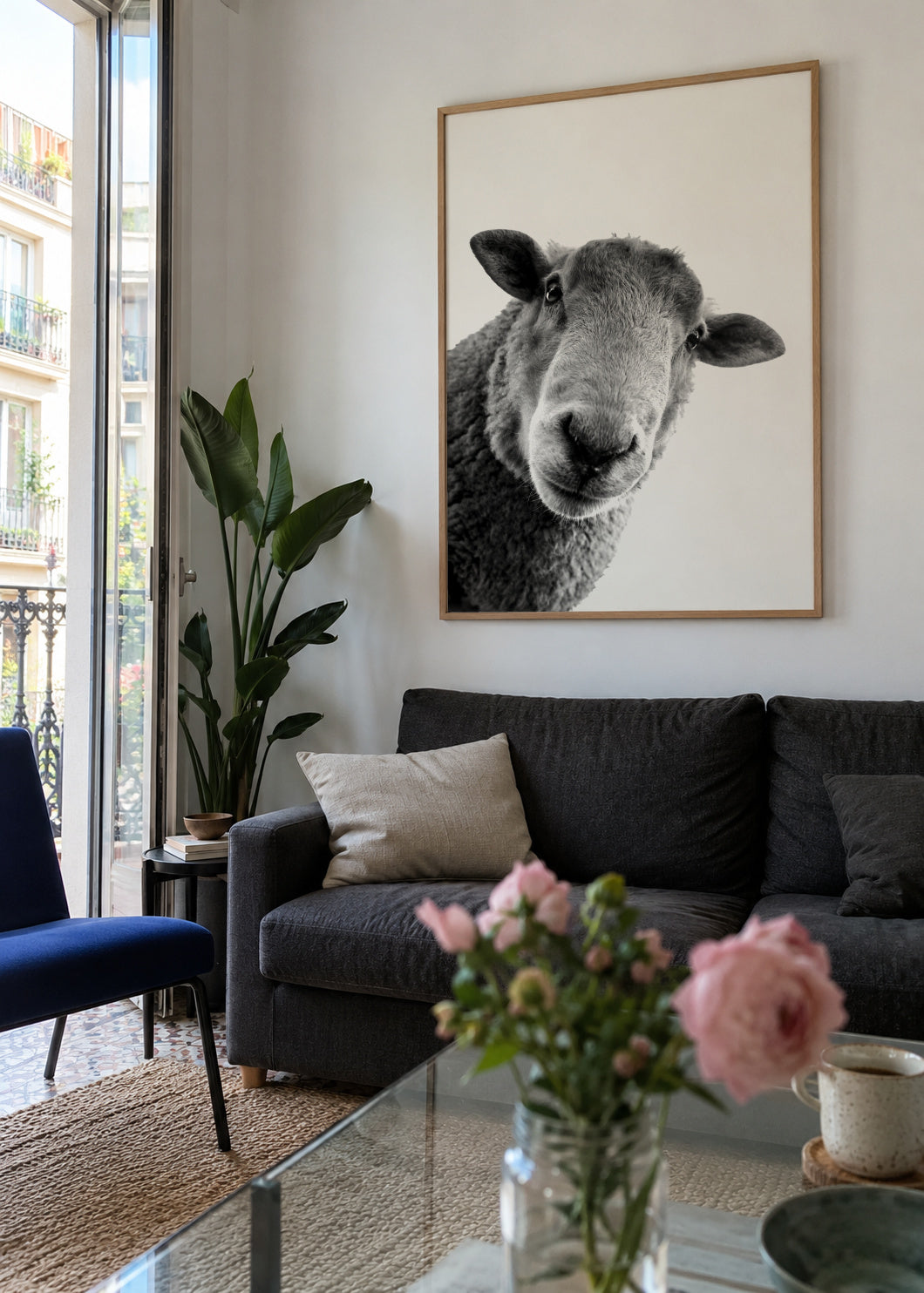 Curious sheep - Framed poster in an interior