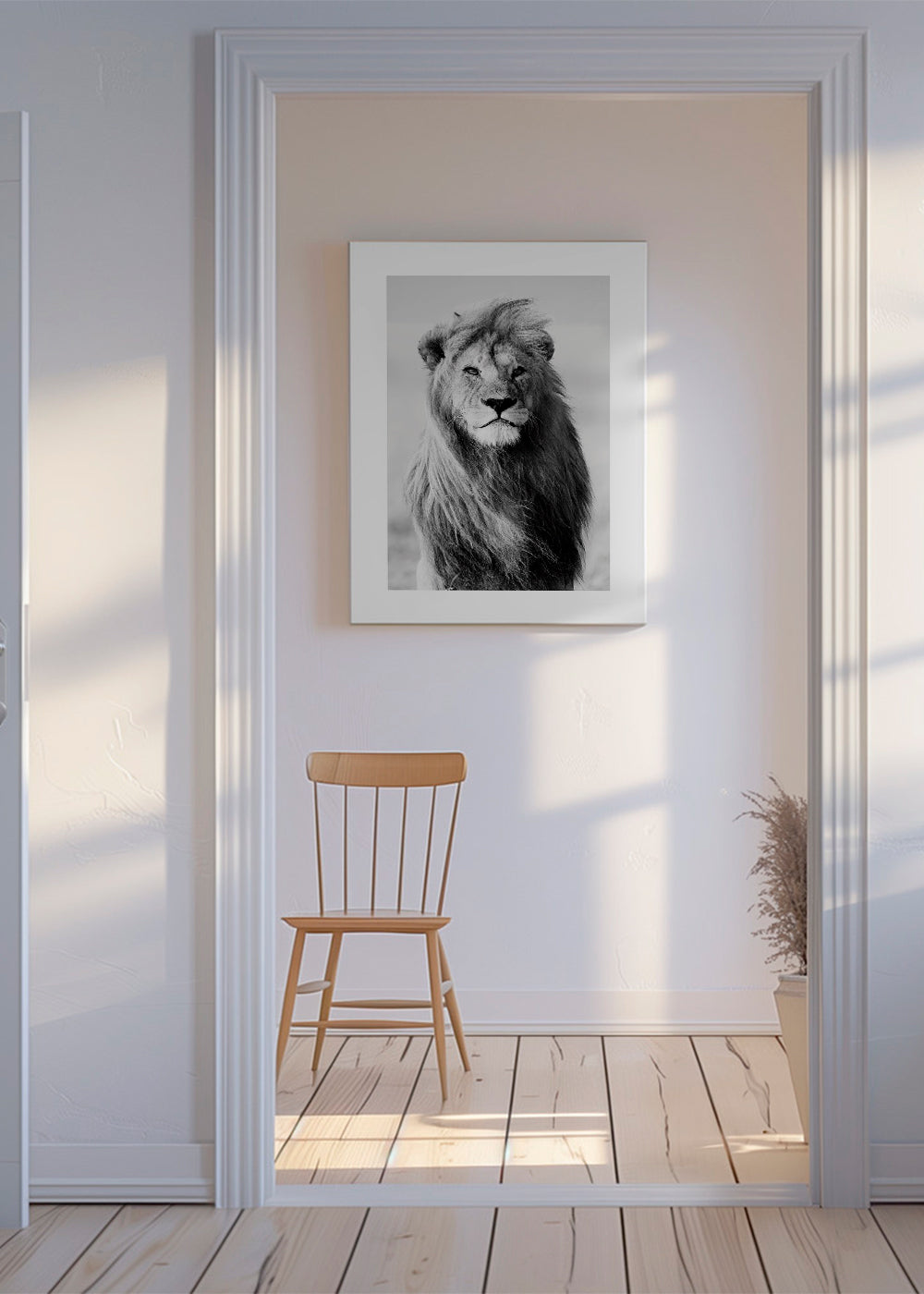Artwork portret van een leeuw in zwart-wit