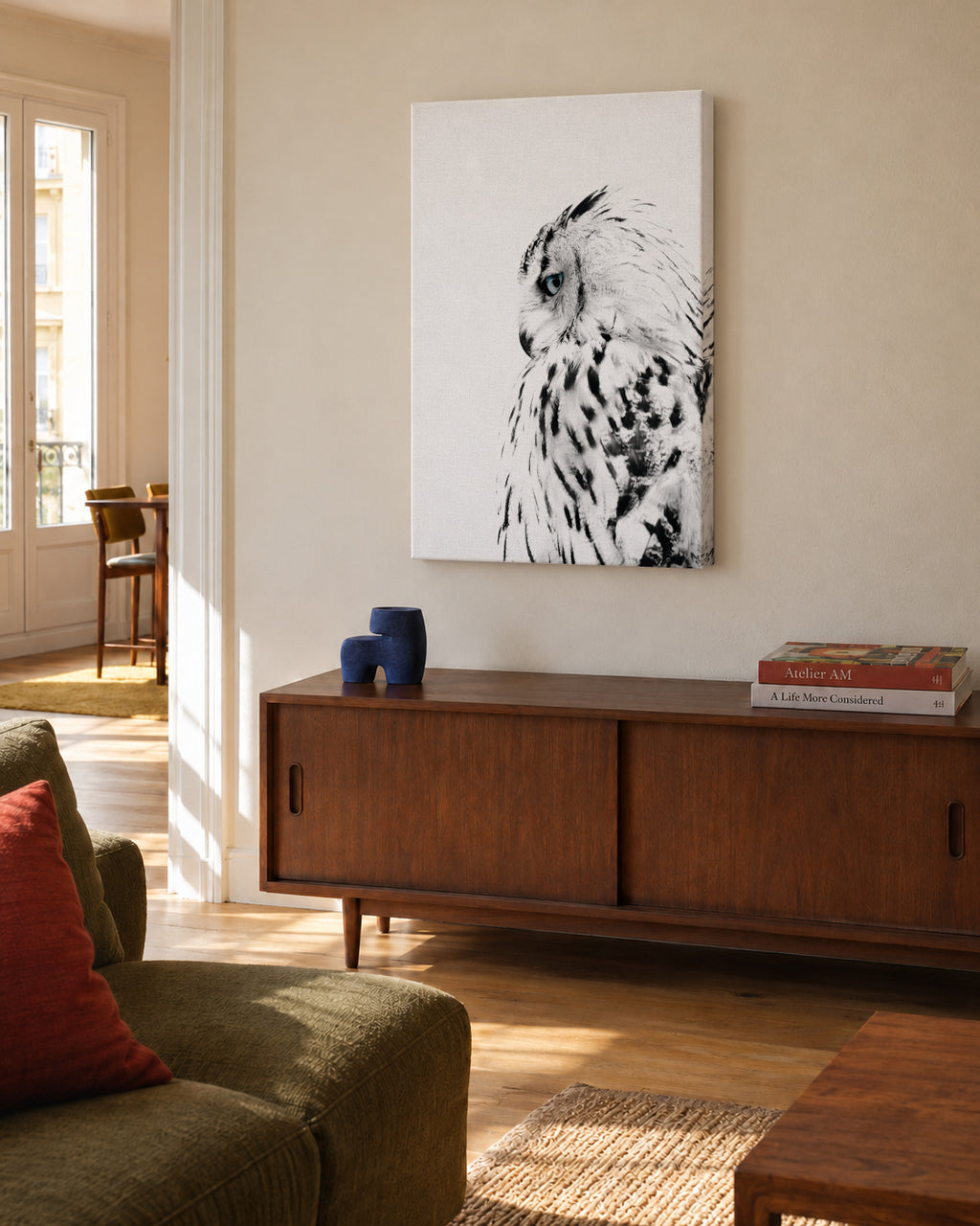 White owl - Unframed canvas in an interior