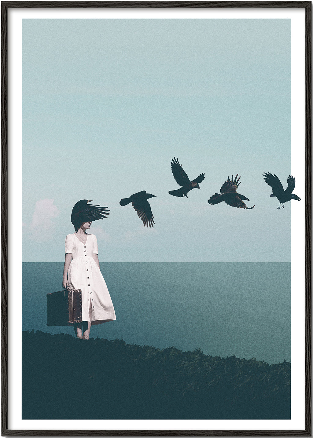 Landschapsposter: reiziger met vogels aan zee