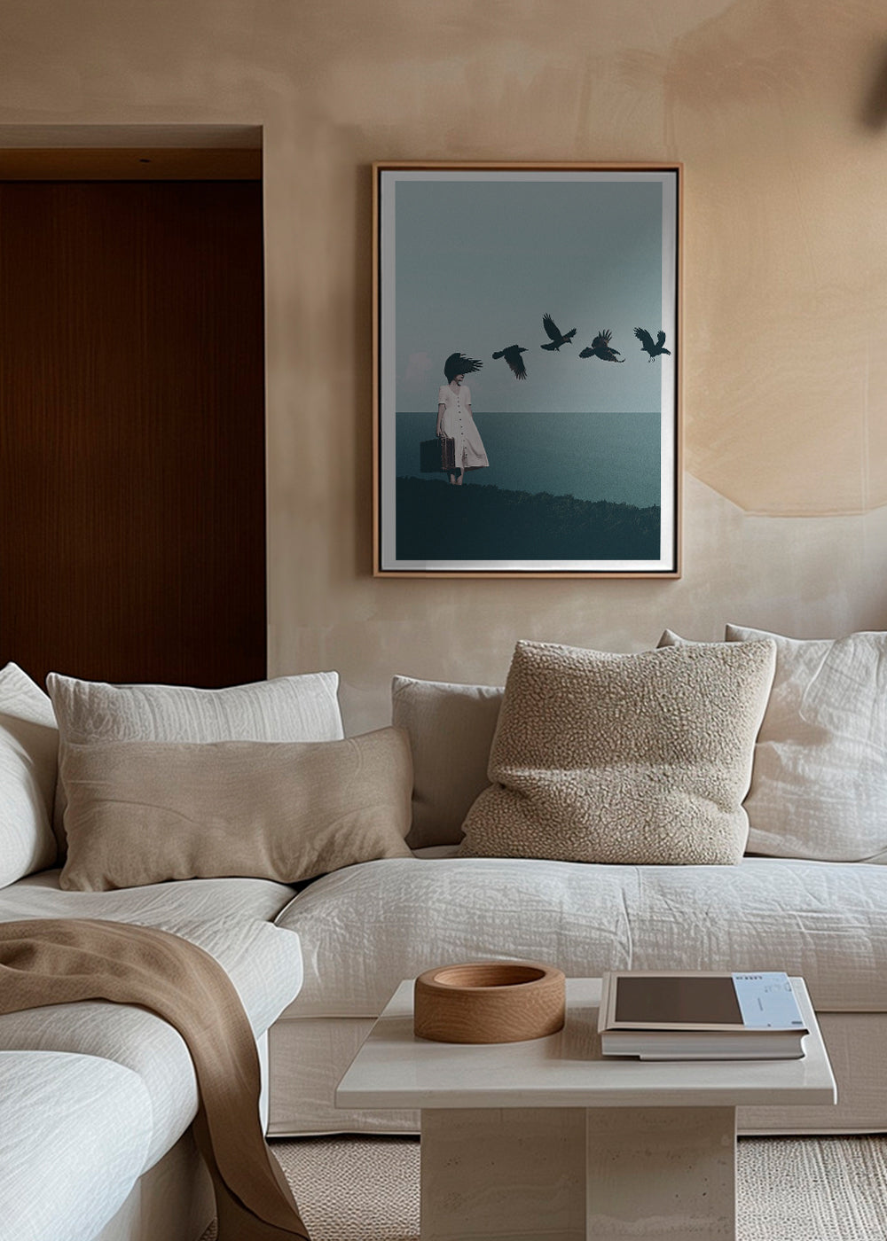 Landschapsposter: reiziger met vogels aan zee