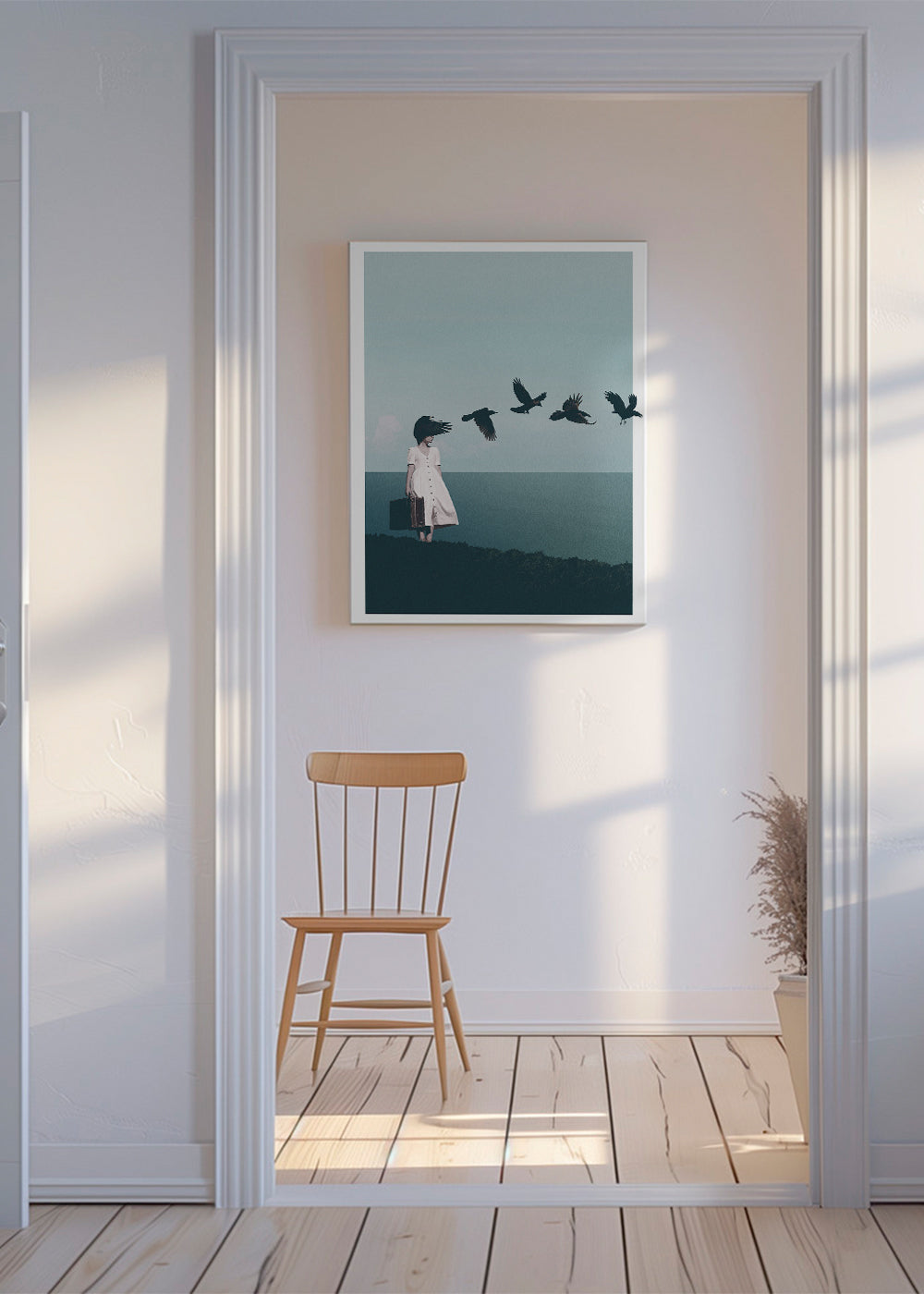 Landschapsposter: reiziger met vogels aan zee