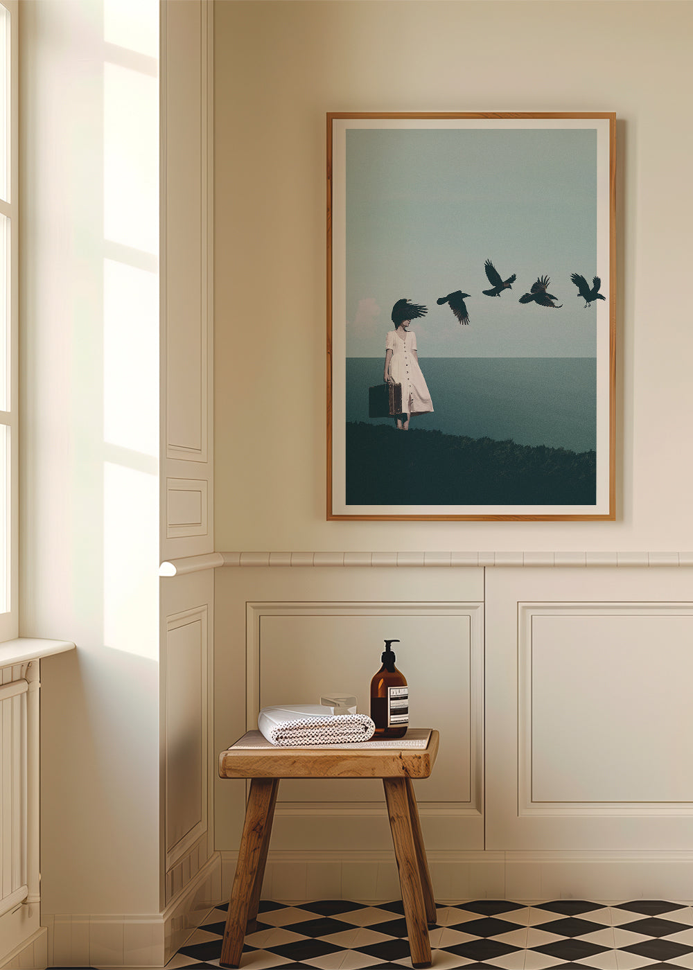 Landschapsposter: reiziger met vogels aan zee