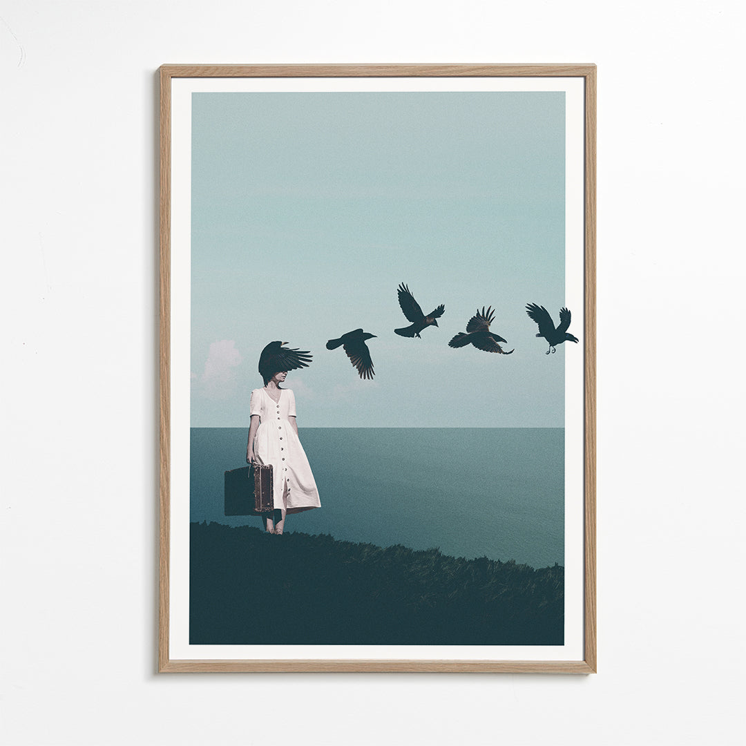 Landschapsposter: reiziger met vogels aan zee