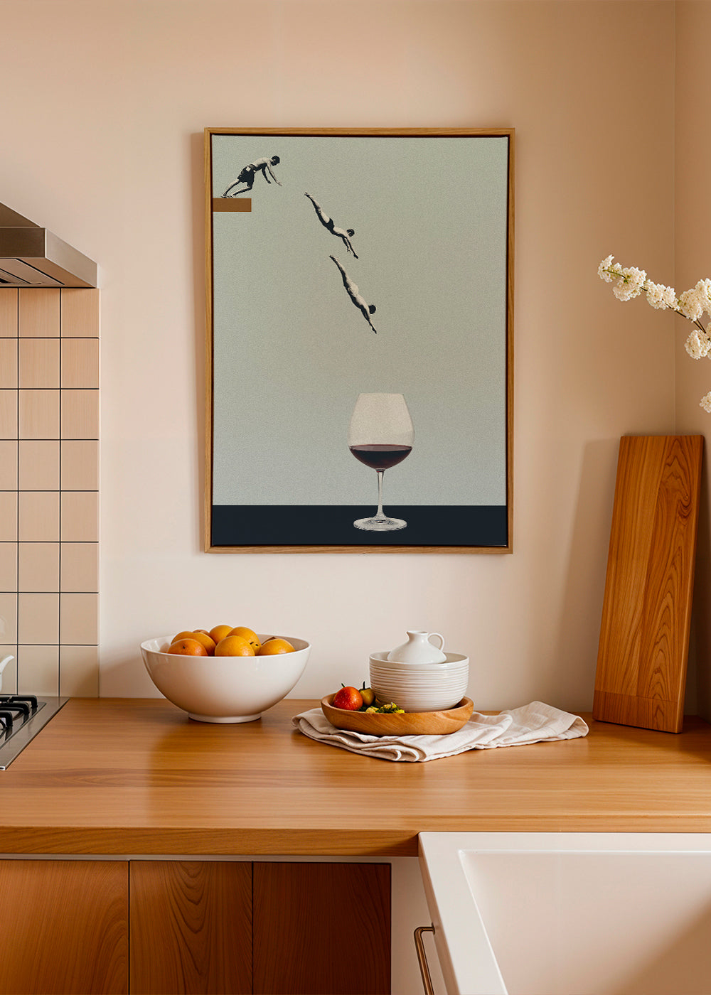 Keuken kunst met wijnglas en duikers