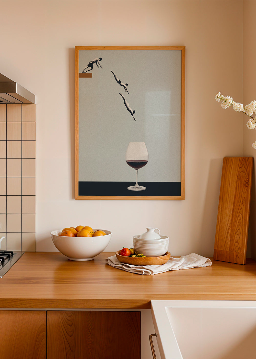 Keuken kunst met wijnglas en duikers