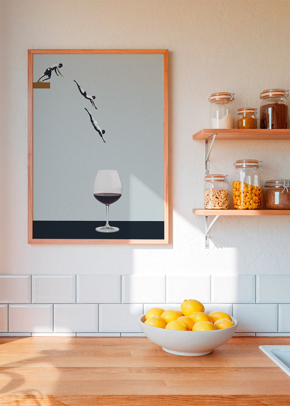 Keuken kunst met wijnglas en duikers