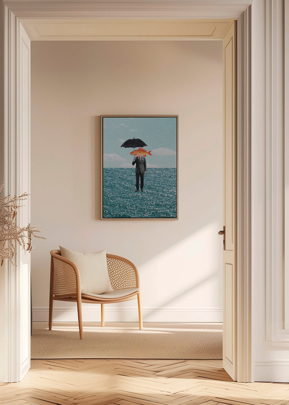 Abstract kunstwerk van figuur met vis en paraplu