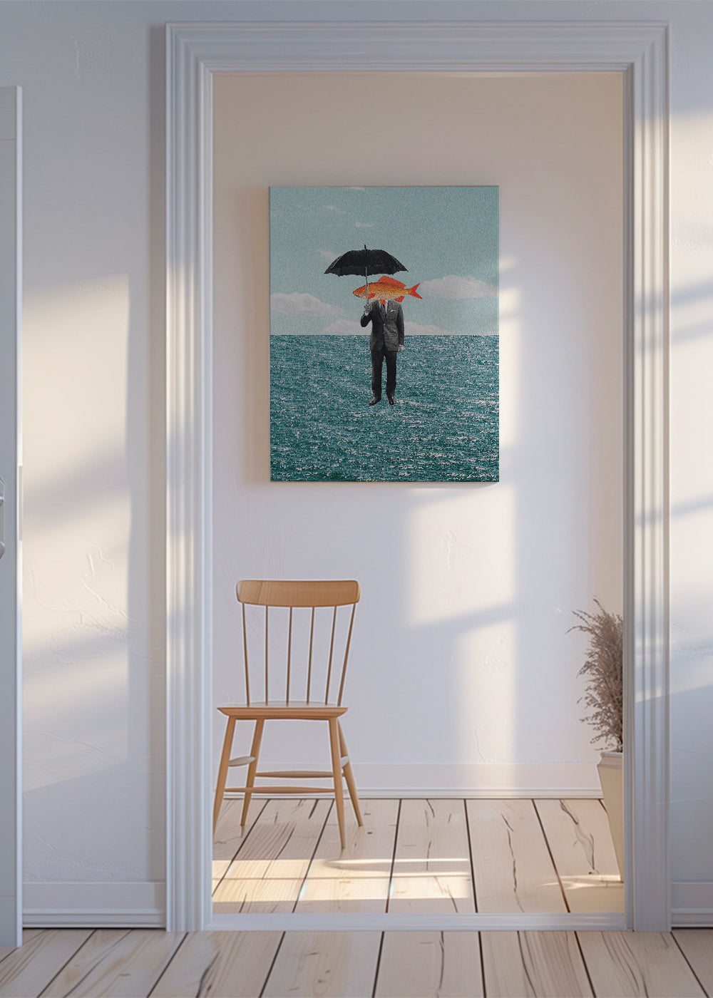 Abstract kunstwerk van figuur met vis en paraplu