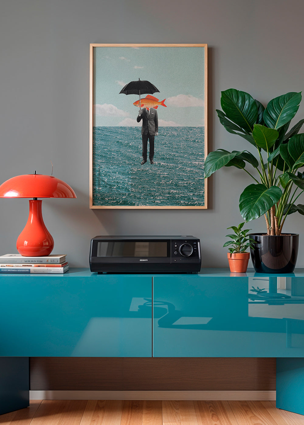 Abstract kunstwerk van figuur met vis en paraplu