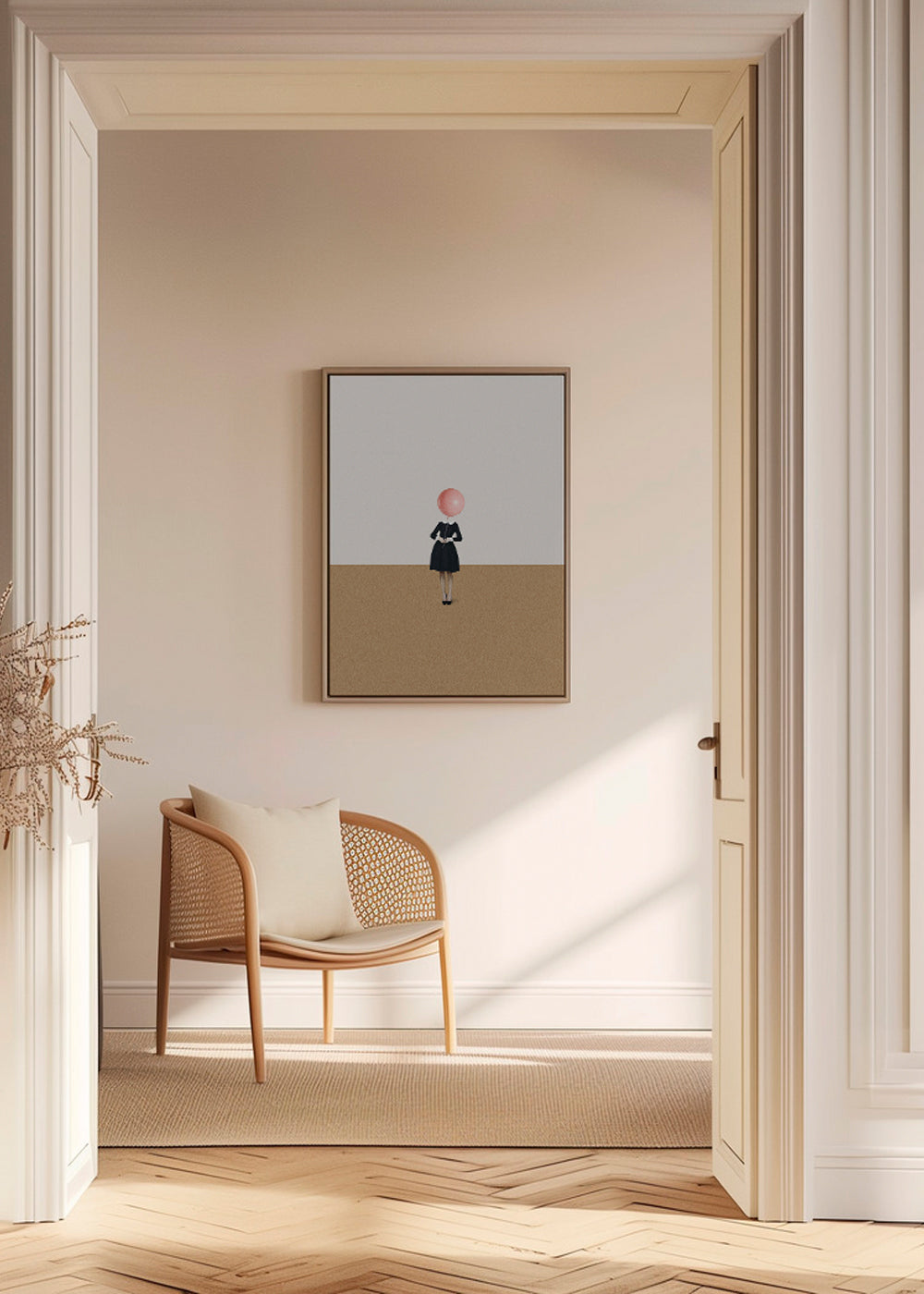 Minimalistisch kunstwerk met roze ballon