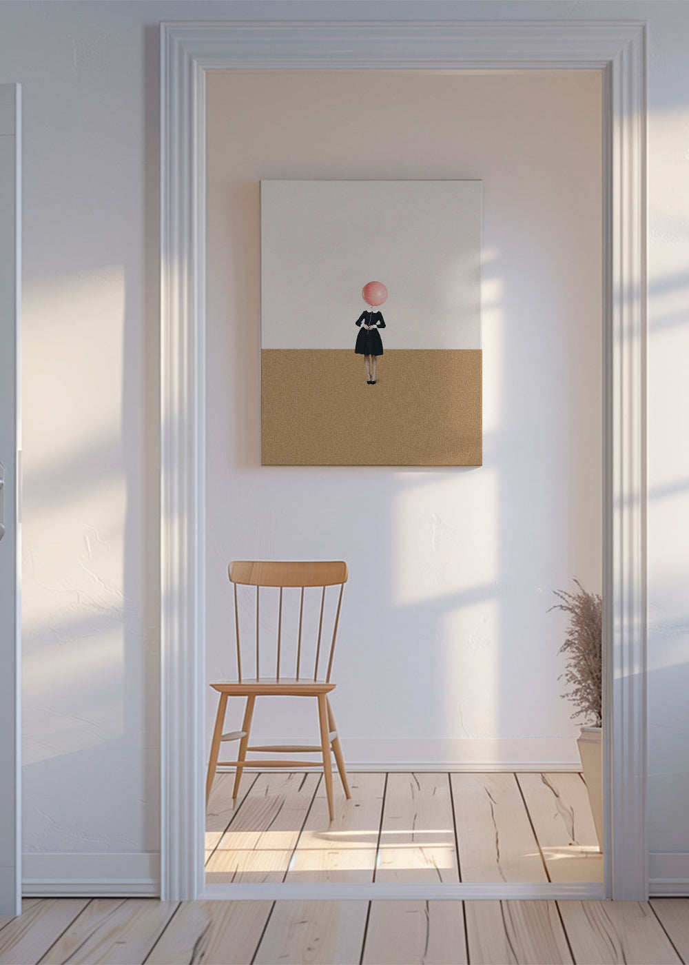 Minimalistisch kunstwerk met roze ballon