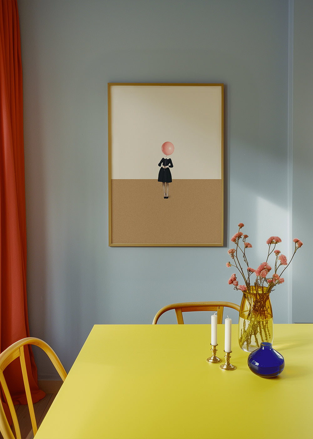 Minimalistisch kunstwerk met roze ballon