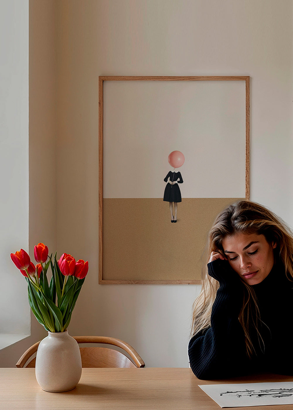 Minimalistisch kunstwerk met roze ballon
