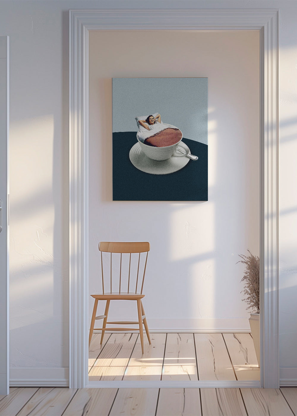 Keuken kunst: reuzenkop collage met ontspannen figuur