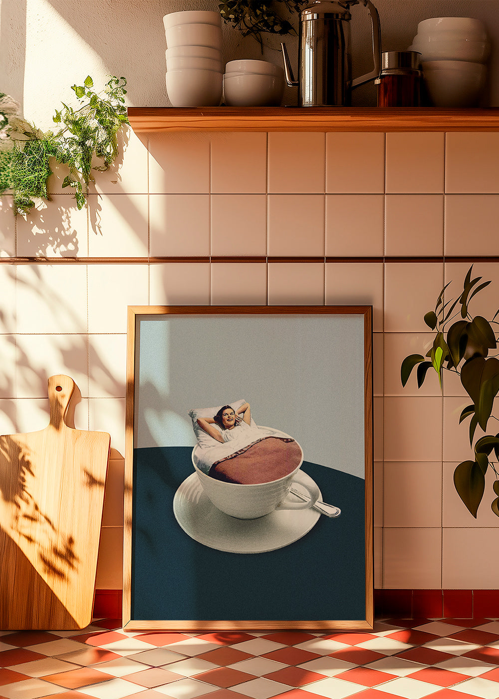 Keuken kunst: reuzenkop collage met ontspannen figuur