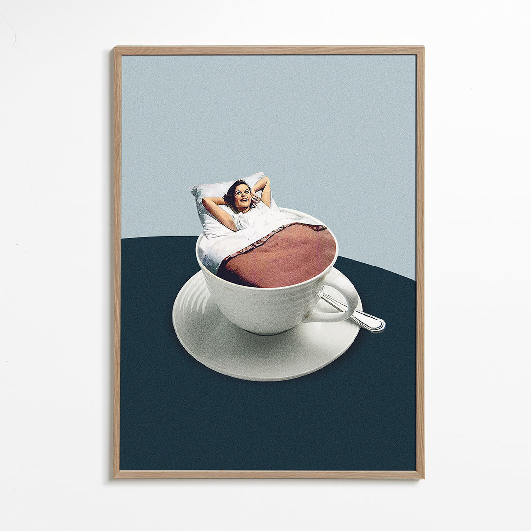 Keuken kunst: reuzenkop collage met ontspannen figuur