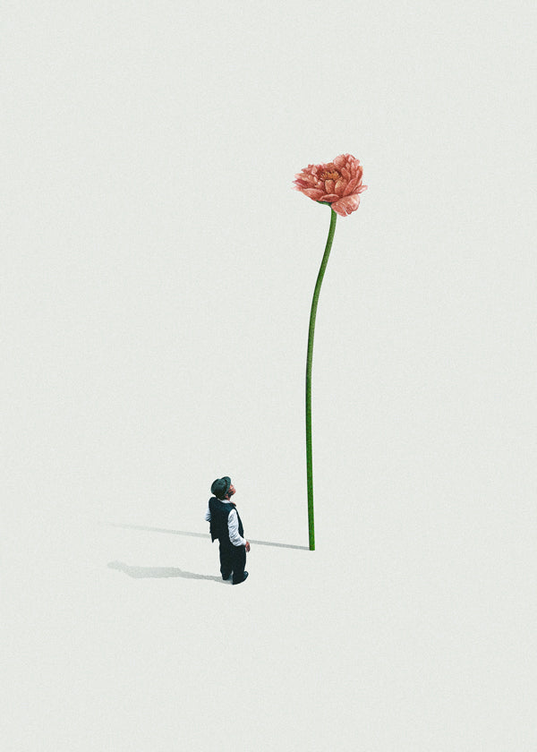Botanische print met reuzenbloem en klein figuurtje