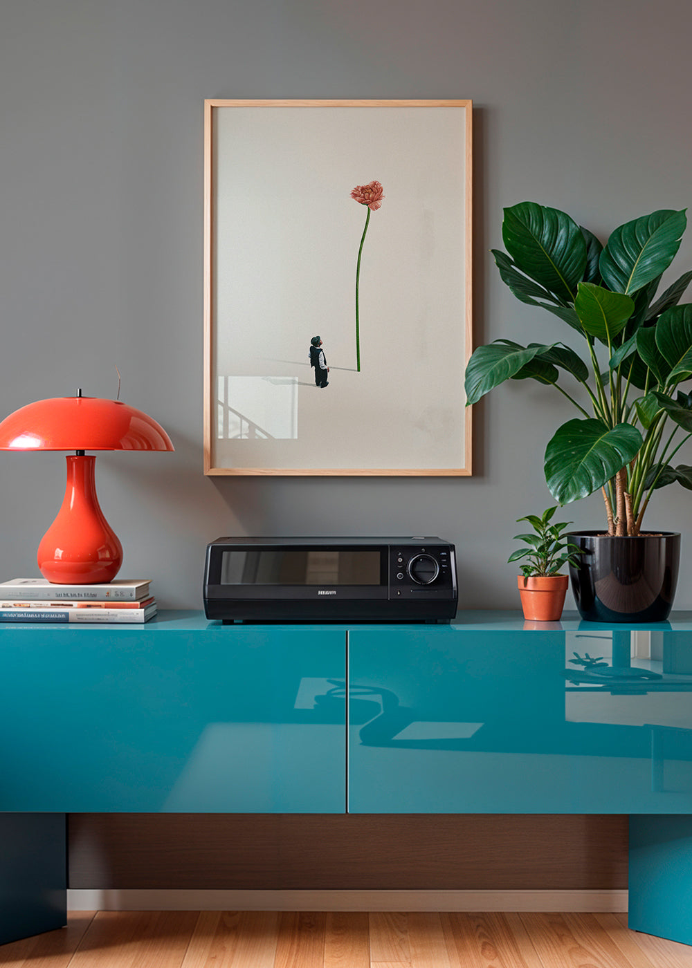 Botanische print met reuzenbloem en klein figuurtje