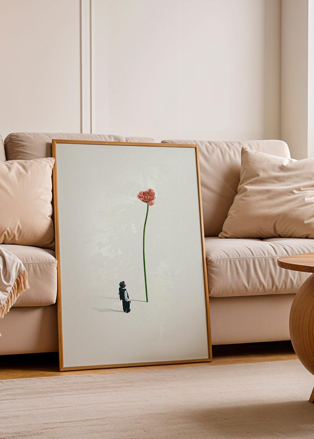 Botanische print met reuzenbloem en klein figuurtje