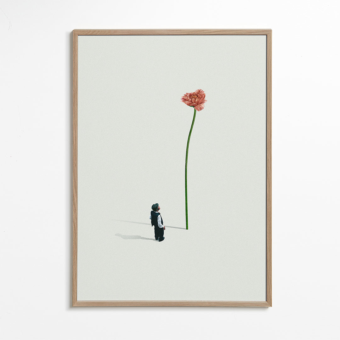 Botanische print met reuzenbloem en klein figuurtje