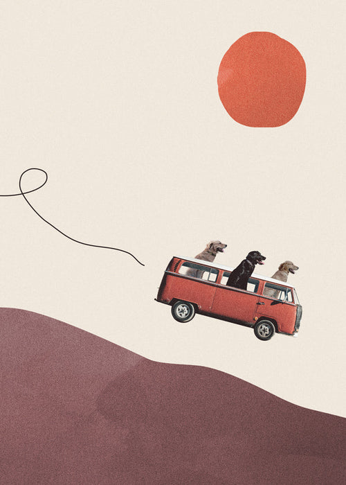 Affiche rode bus met honden en minimalistische heuvel