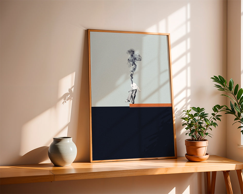 Minimalistische poster met rokende figuur