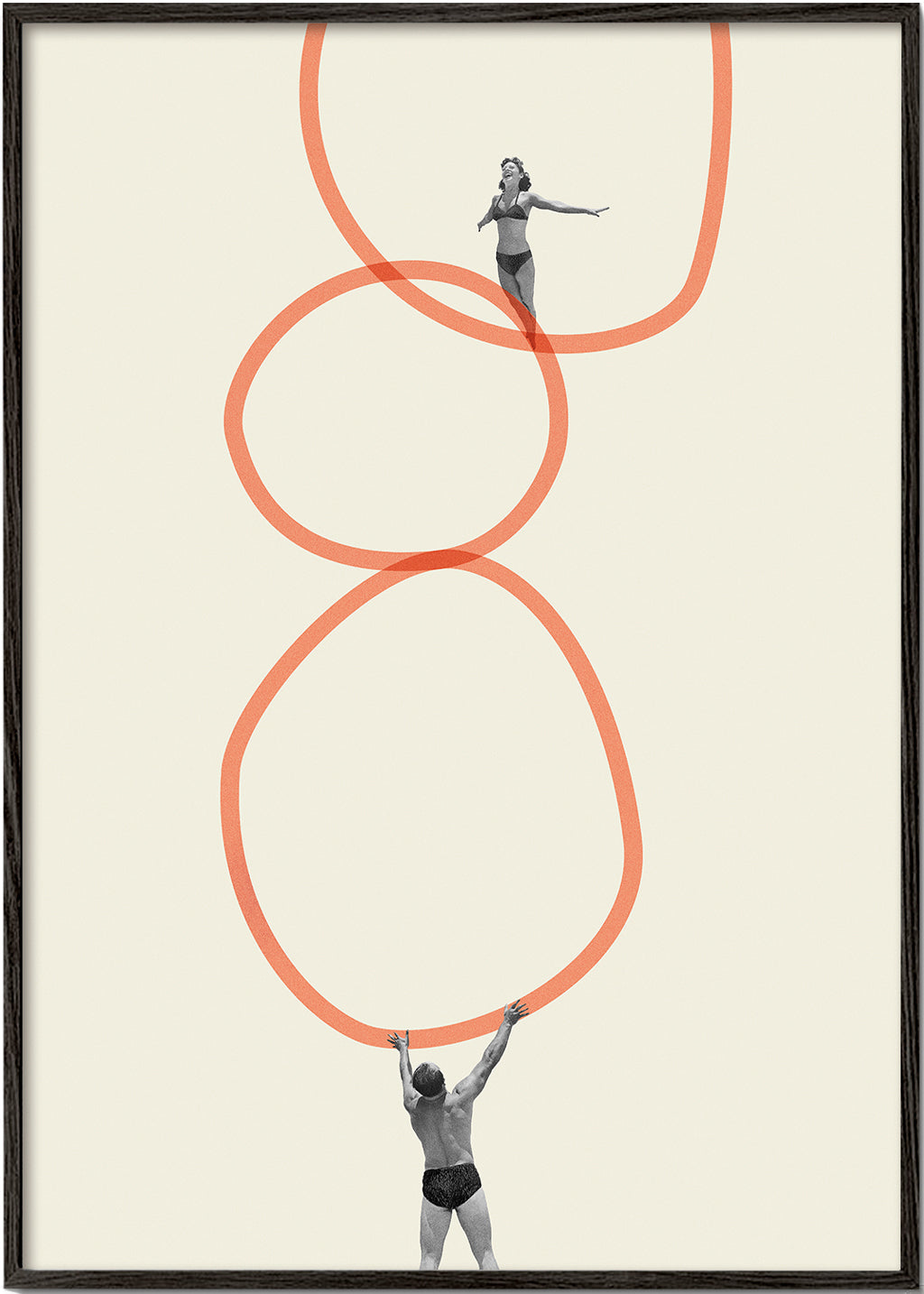 Minimalistische kunst met figuren en oranje ringen