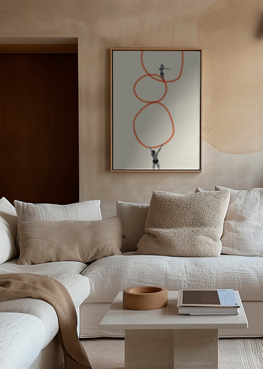 Minimalistische kunst met figuren en oranje ringen