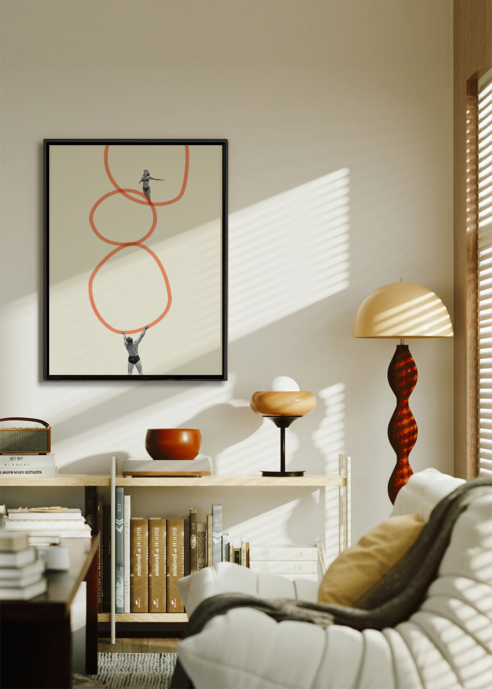Minimalistische kunst met figuren en oranje ringen