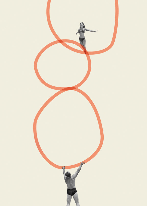 Minimalistische kunst met figuren en oranje ringen