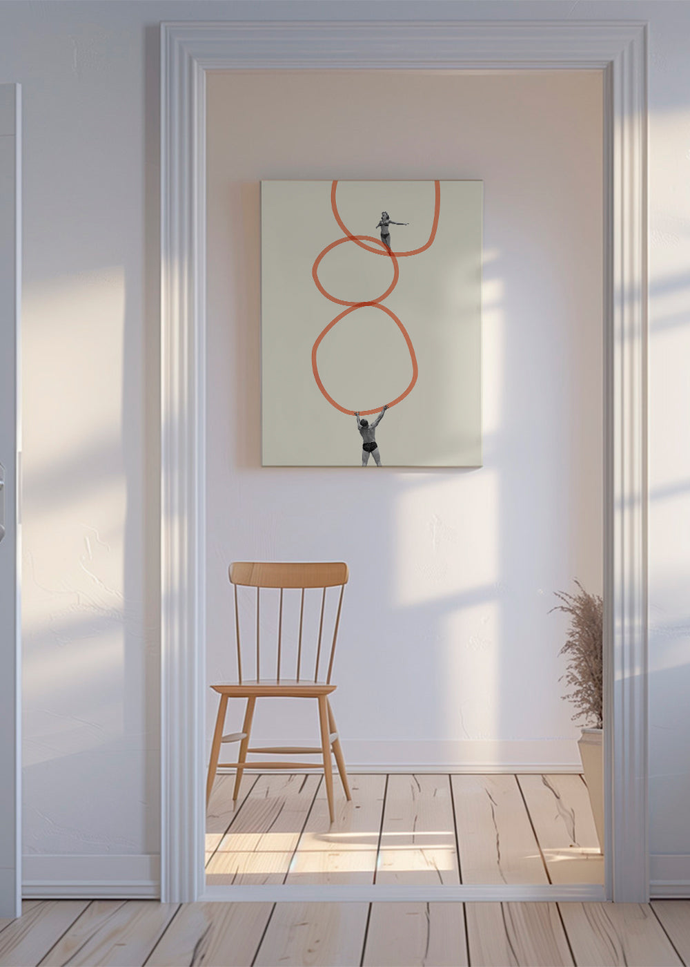 Minimalistische kunst met figuren en oranje ringen