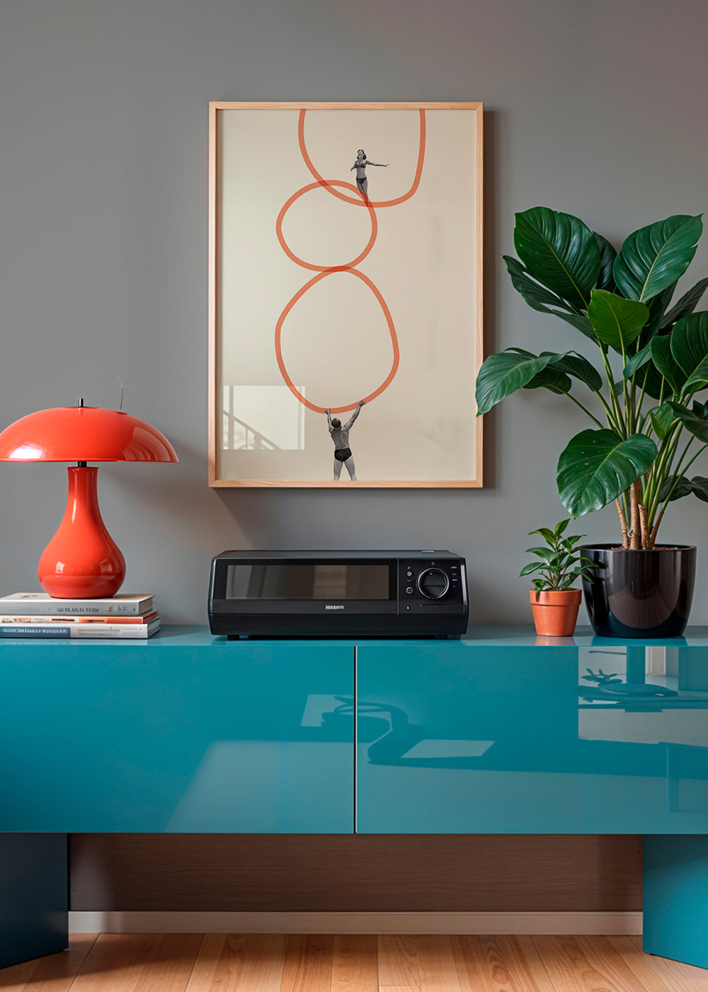Minimalistische kunst met figuren en oranje ringen