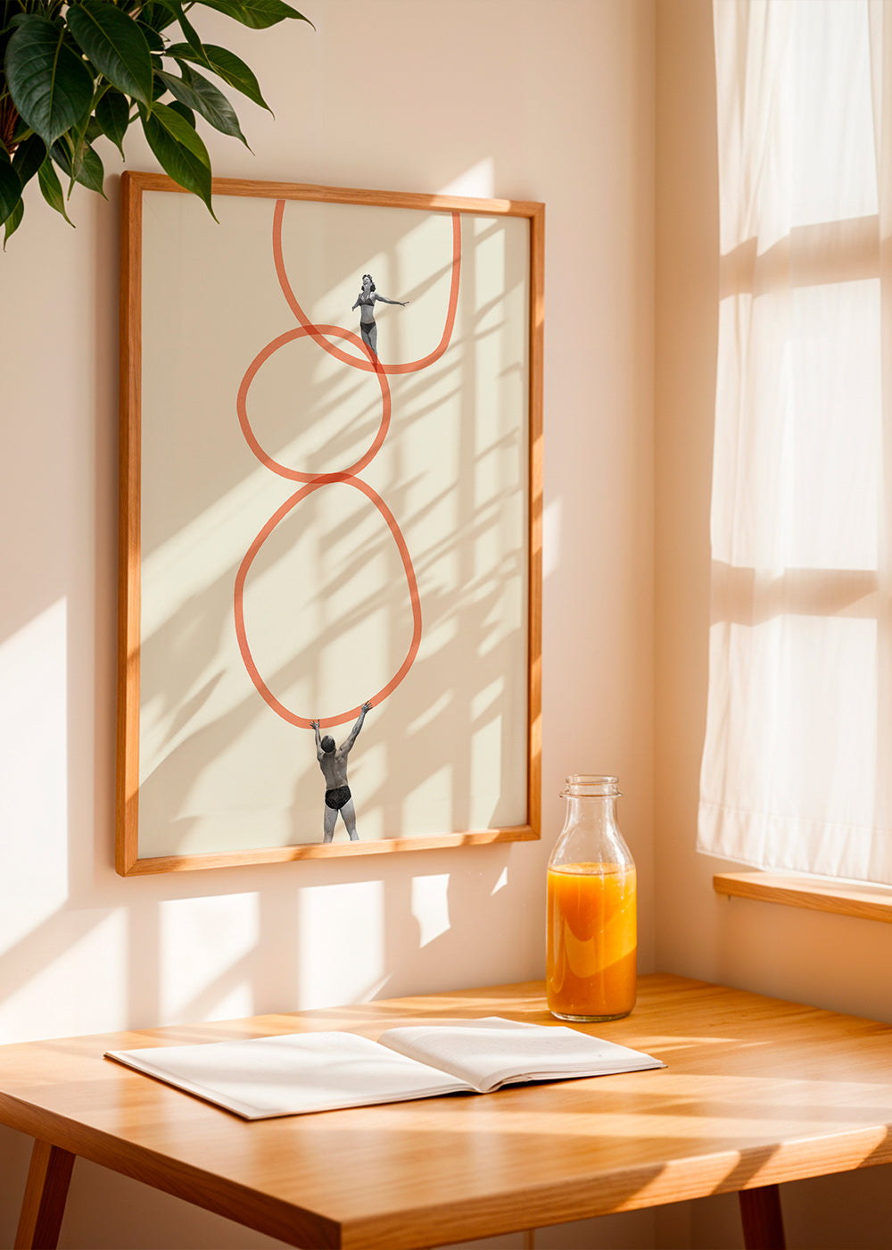 Minimalistische kunst met figuren en oranje ringen