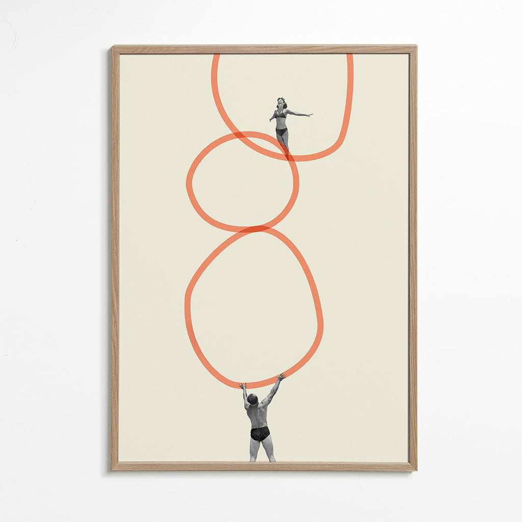 Minimalistische kunst met figuren en oranje ringen