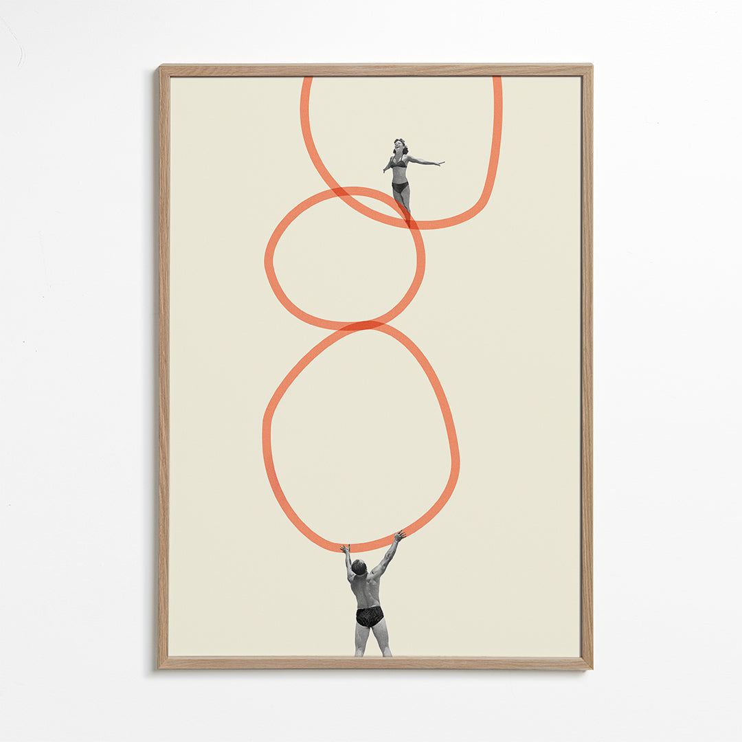 Minimalistische kunst met figuren en oranje ringen