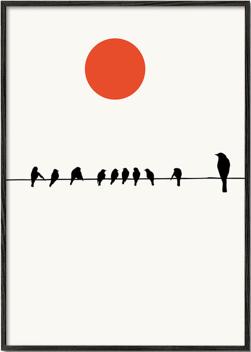 Minimalistisch ontwerp vogels op draad met rode zon