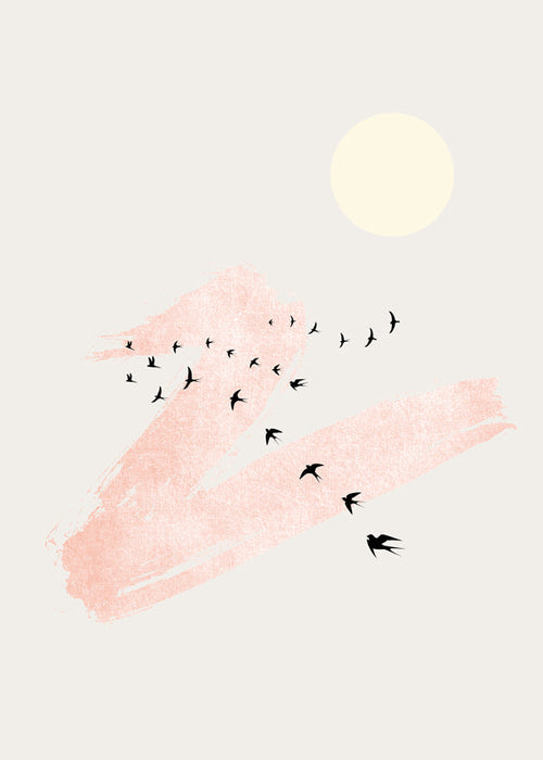 Illustratie van vliegende vogels met roze streek