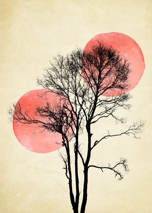 Botanische print boom silhouet met koraalmanen