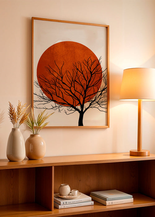 Landschapsschilderij met rode zon en boom silhouet