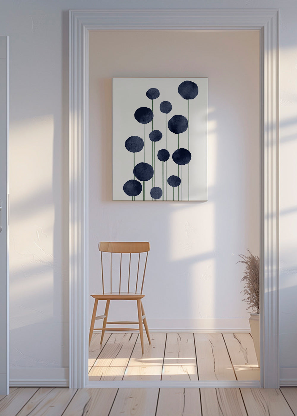 Botanische print met navy cirkels