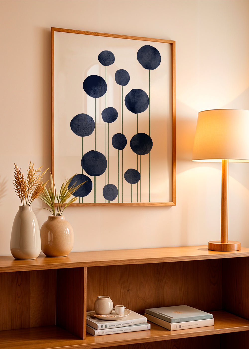 Botanische print met navy cirkels