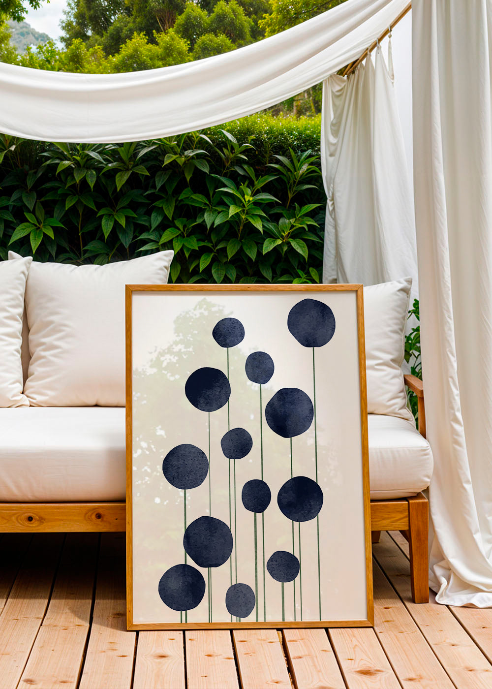 Botanische print met navy cirkels