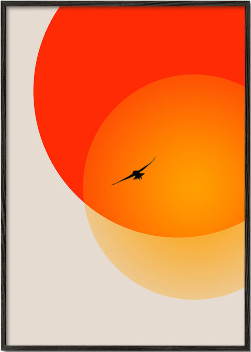 Landschap met geometrische zon en meeuw