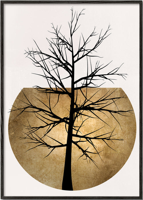 Botanische print: boom-silhouet met gouden schijf