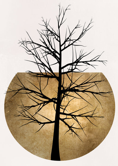 Botanische print: boom-silhouet met gouden schijf