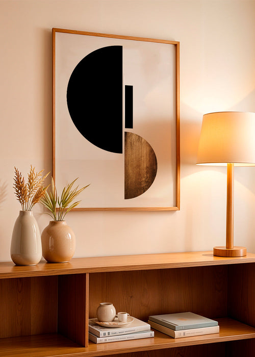 Geometrische poster met zwarte halve cirkels en gouden textuur
