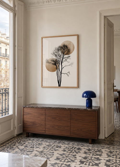 Sun and moon hiding - gold - Framed poster in an interior