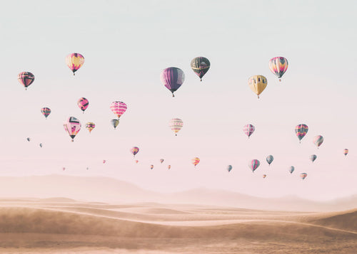 Landschap met luchtballonnen boven duinen